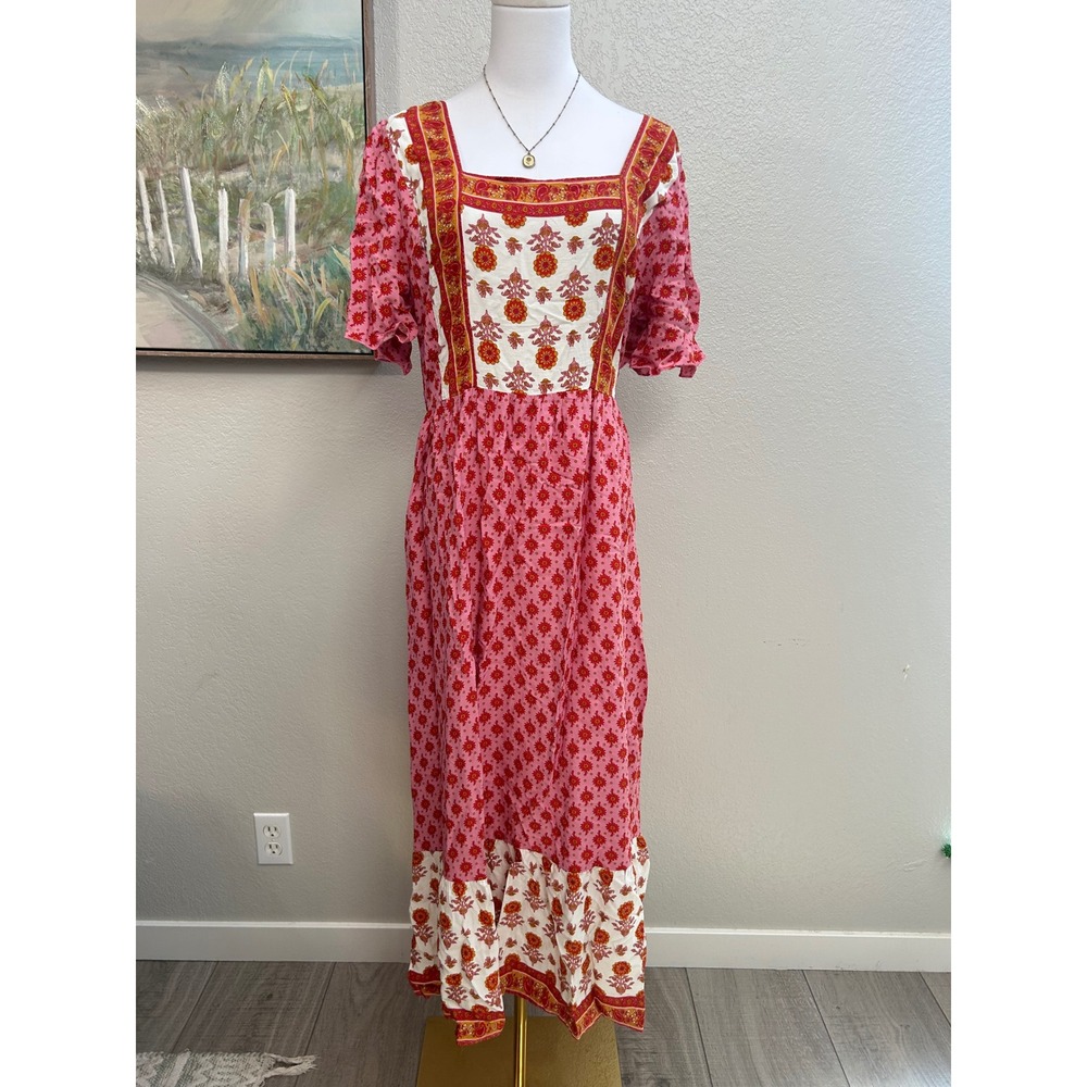 Boho Pink Floral Patchwork Puff Sleeve Smocked Midi Dress Cottagecore L